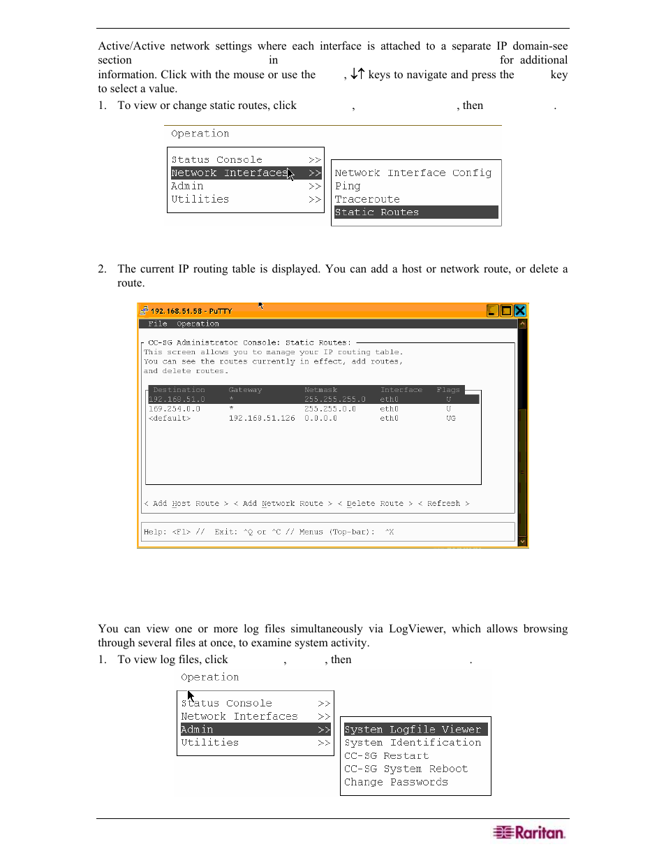 Viewing log files (admin), Figure 268 selecting static routes, Figure 269 editing static routes | Figure 270 viewing log files | Raritan Engineering Command Center CC-SG User Manual | Page 229 / 270