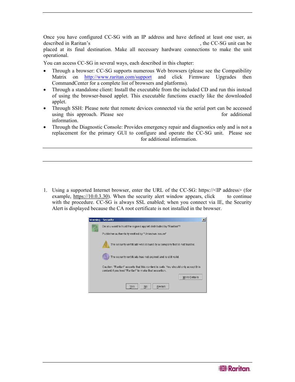 Chapter 2: accessing cc-sg, Browser-based access, Figure 3 security alert window | Raritan Engineering Command Center CC-SG User Manual | Page 23 / 270