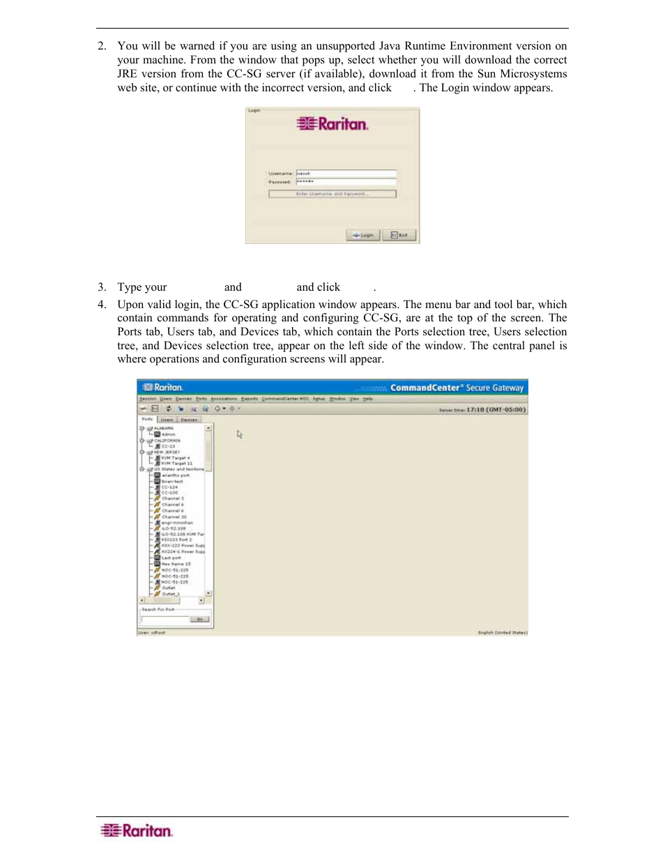 Figure 4 login window, Figure 5 cc-sg application window | Raritan Engineering Command Center CC-SG User Manual | Page 24 / 270