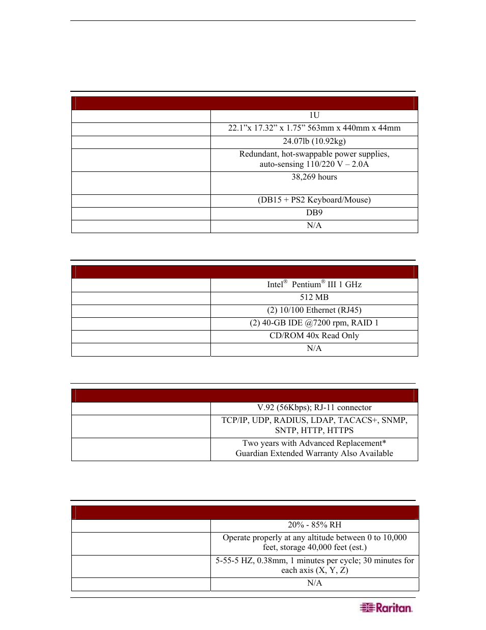 Appendix a: specifications (g1, v1), G1 platform, General specifications | Hardware specifications, Remote connection, Environmental requirements | Raritan Engineering Command Center CC-SG User Manual | Page 241 / 270