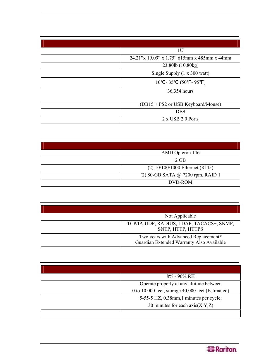 V1 platform, General specifications, Hardware specifications | Remote connection, Environmental requirements | Raritan Engineering Command Center CC-SG User Manual | Page 243 / 270