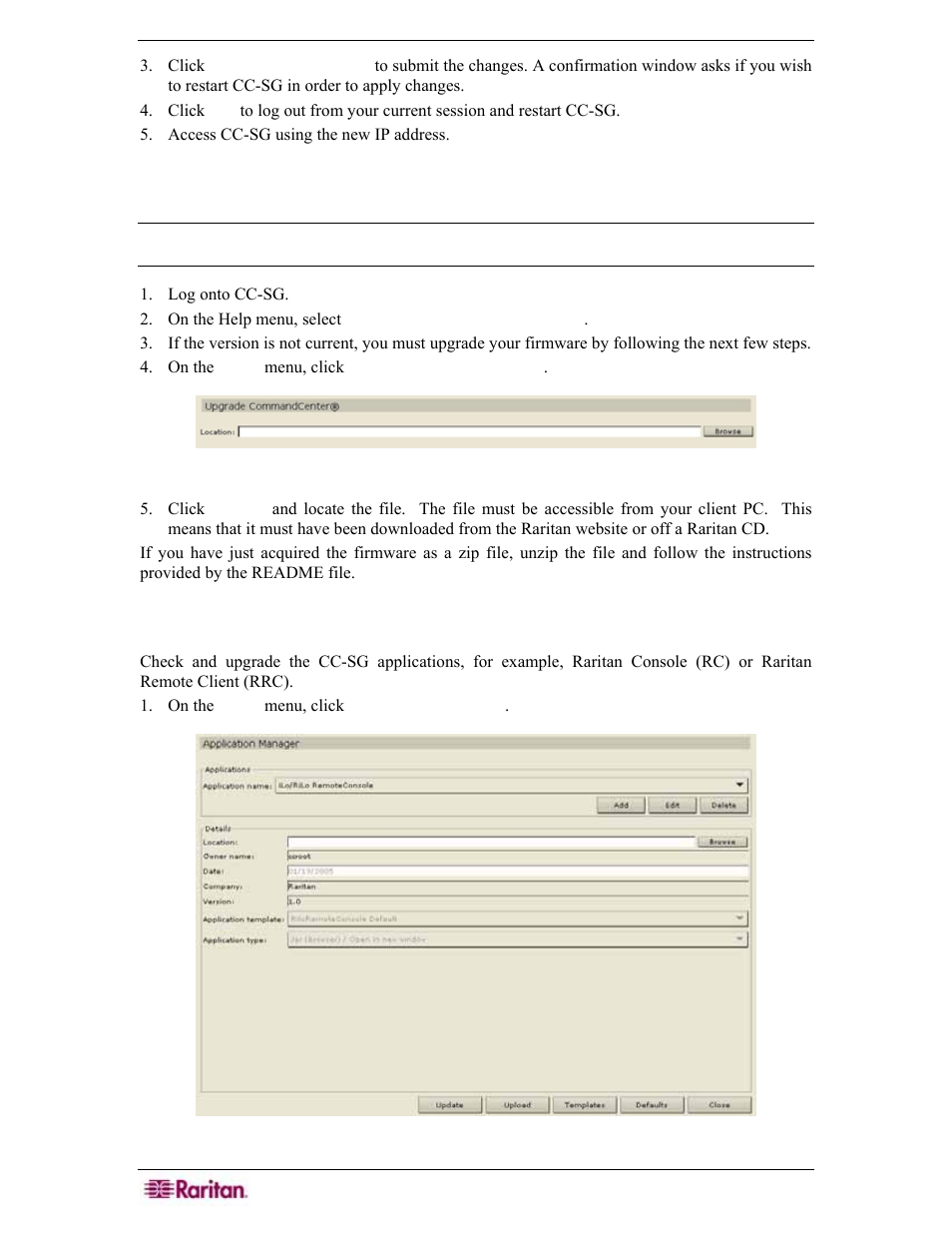 Check and upgrade cc-sg firmware version, Check and upgrade application versions, Figure 8 upgrade cc-sg | Figure 9 cc-sg application manager | Raritan Engineering Command Center CC-SG User Manual | Page 26 / 270
