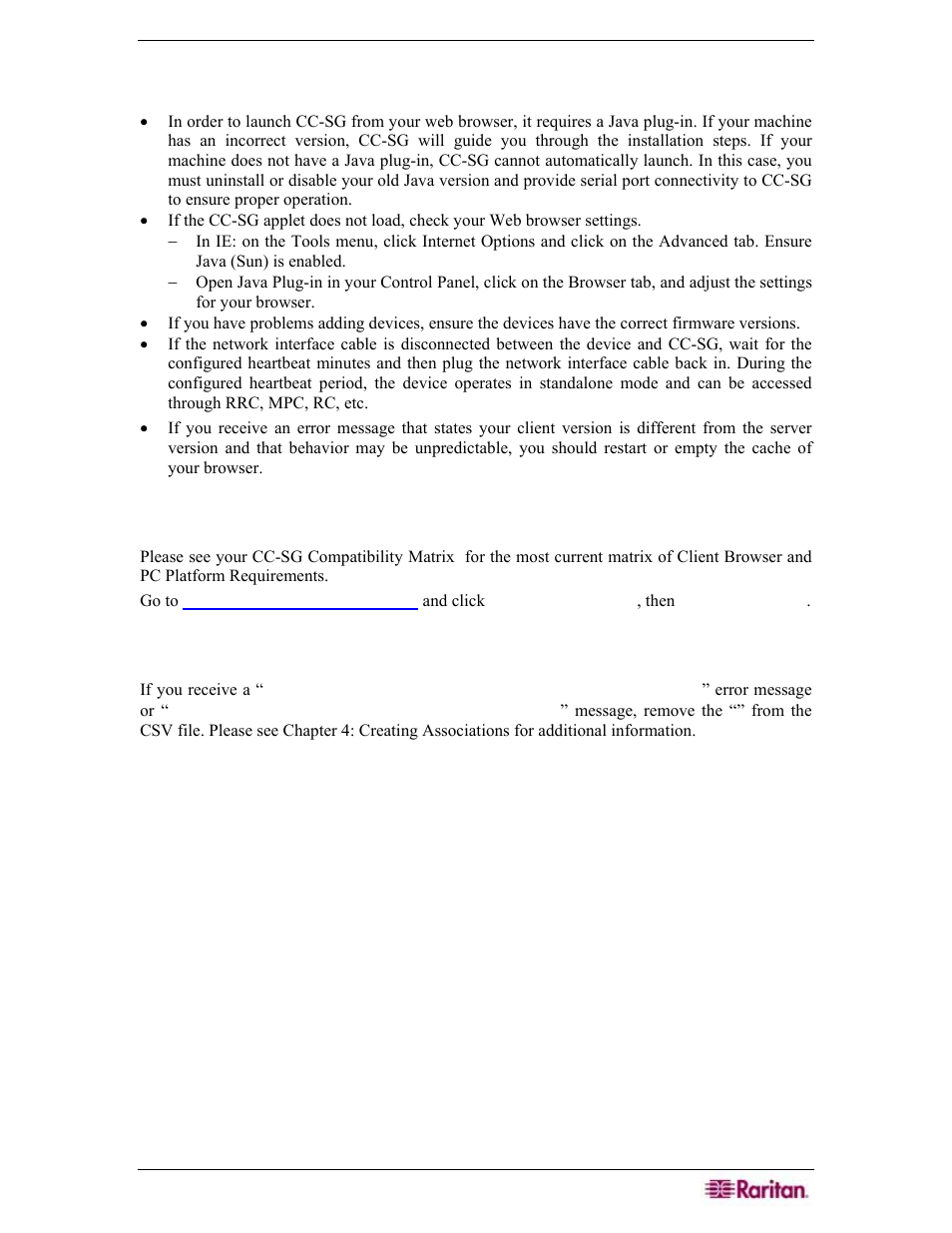 Appendix f: troubleshooting, Client browser requirements | Raritan Engineering Command Center CC-SG User Manual | Page 261 / 270