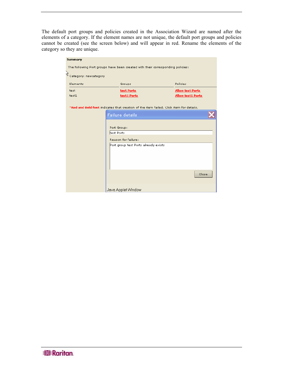 Port and policy group creation failure, Figure 291 port group failure | Raritan Engineering Command Center CC-SG User Manual | Page 262 / 270