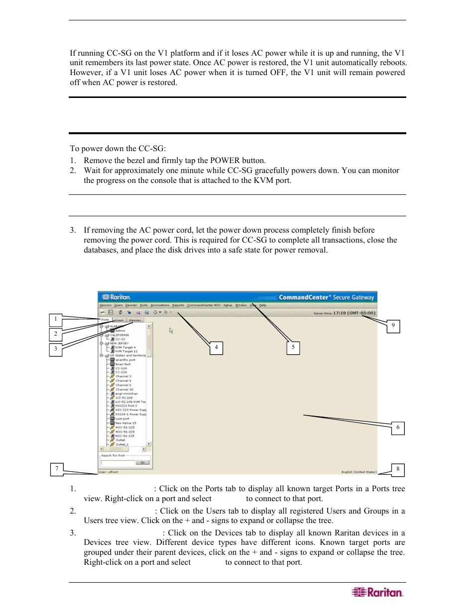 Power down cc-sg, Cc-sg window components | Raritan Engineering Command Center CC-SG User Manual | Page 29 / 270