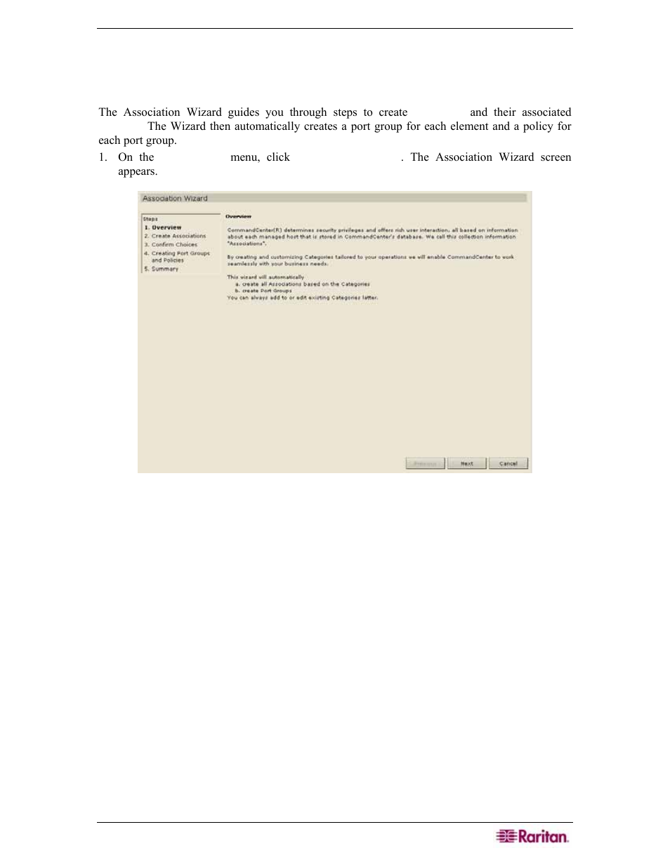 Chapter 3: example configuration workflow, Create associations, Figure 15 association wizard overview | Raritan Engineering Command Center CC-SG User Manual | Page 35 / 270