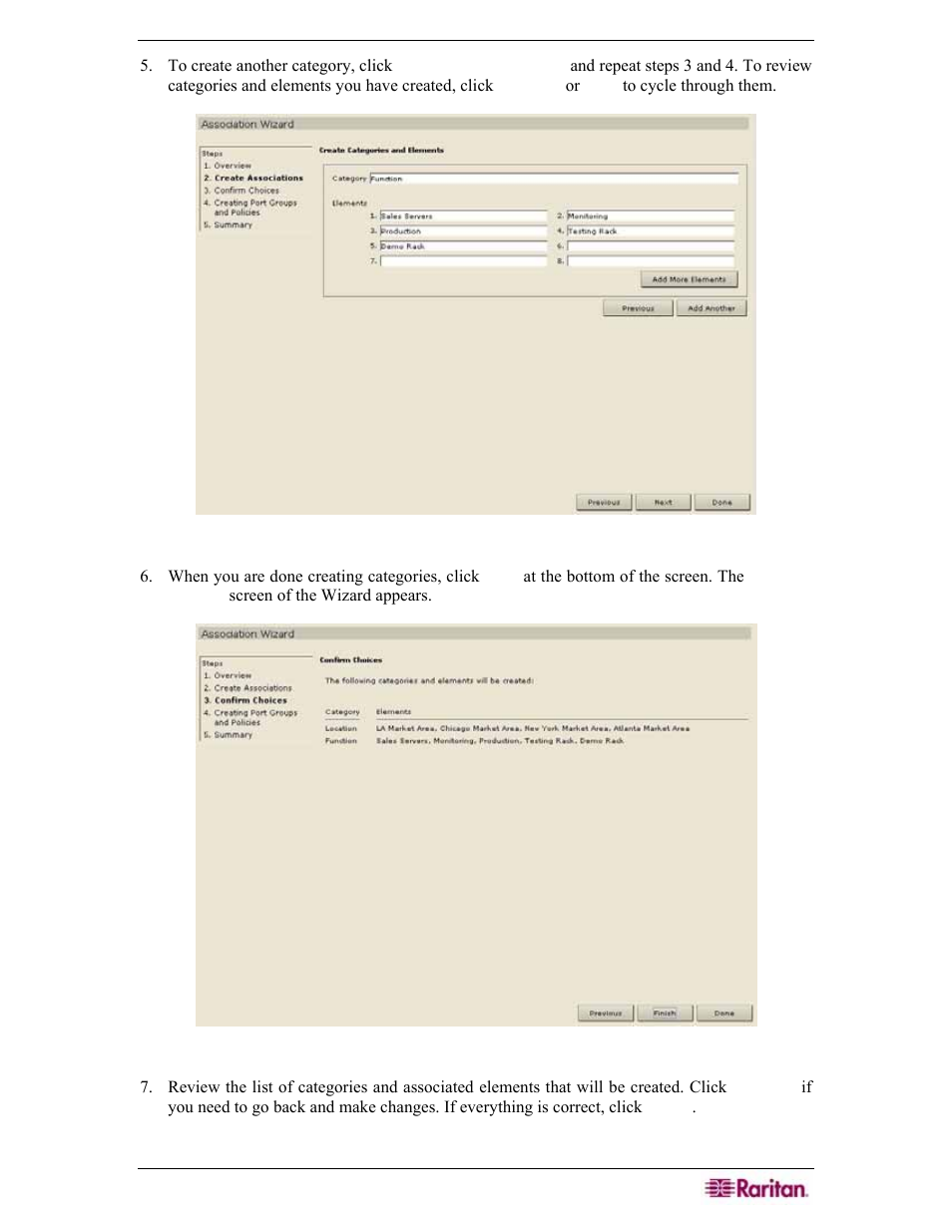 Figure 17 adding another category, Figure 18 association wizard - confirm choices | Raritan Engineering Command Center CC-SG User Manual | Page 37 / 270