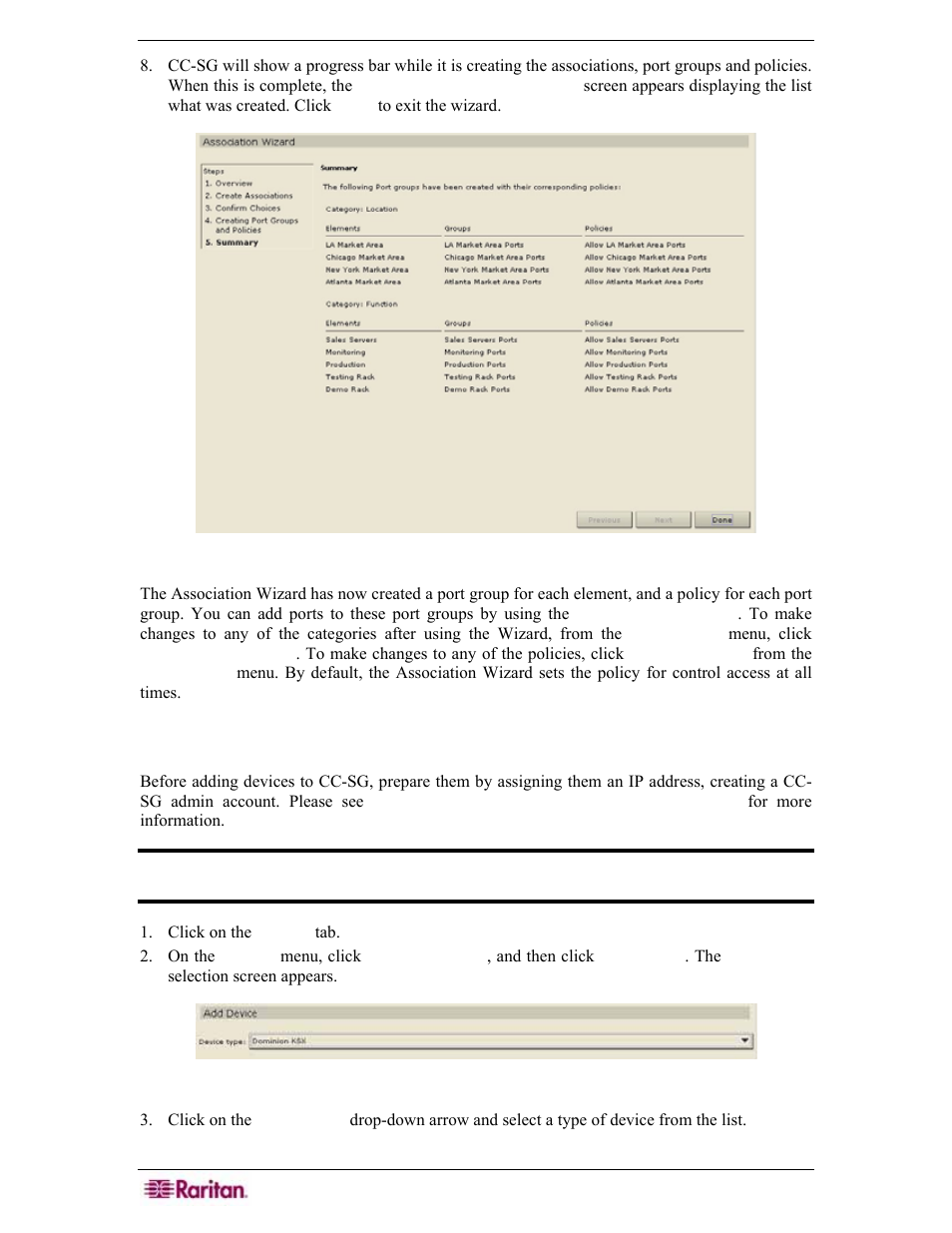 Add devices, Figure 19 association wizard - summary screen, Figure 20 add device cc-sg | Raritan Engineering Command Center CC-SG User Manual | Page 38 / 270