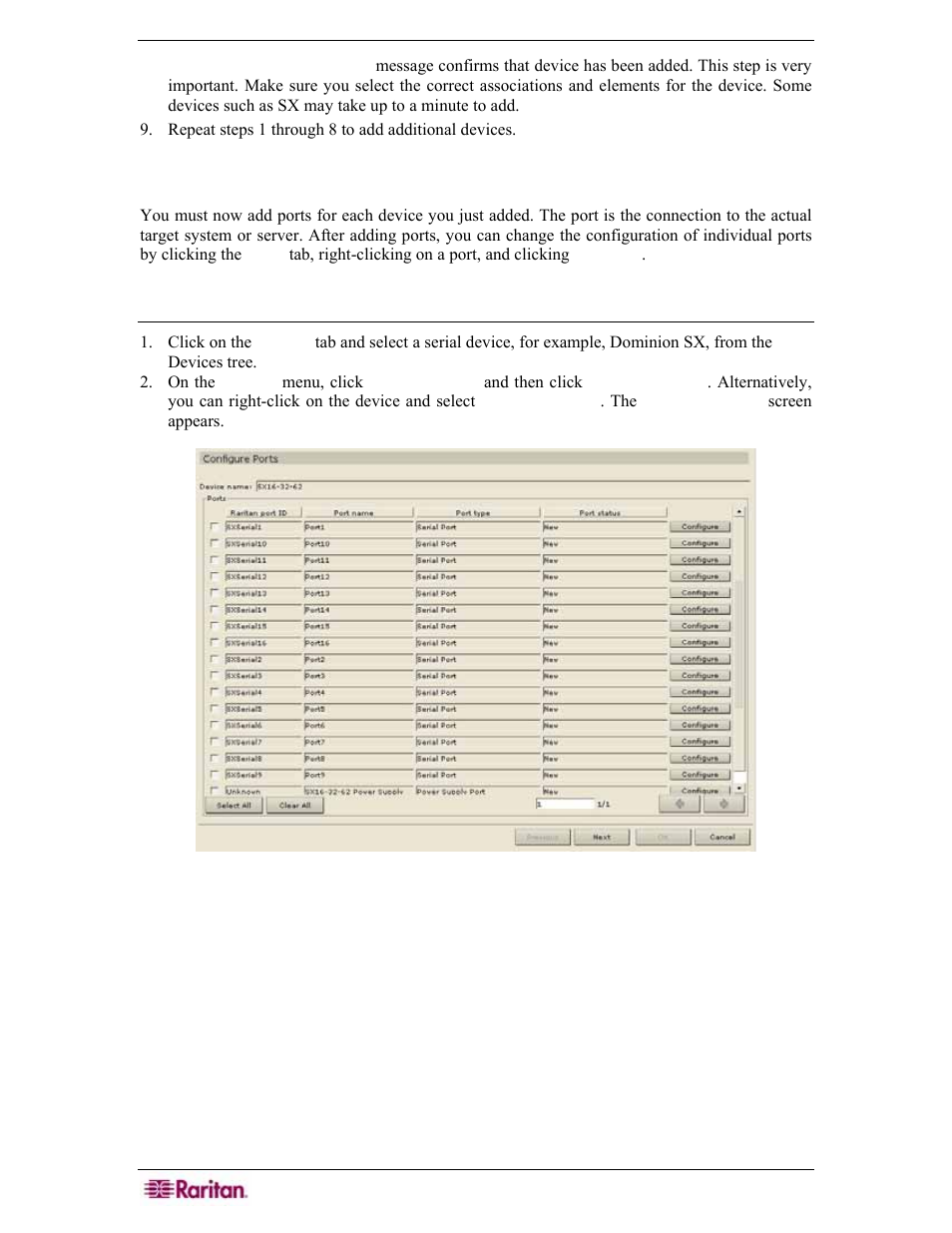 Configure ports, Serial port, Figure 23 configuration ports | Raritan Engineering Command Center CC-SG User Manual | Page 40 / 270