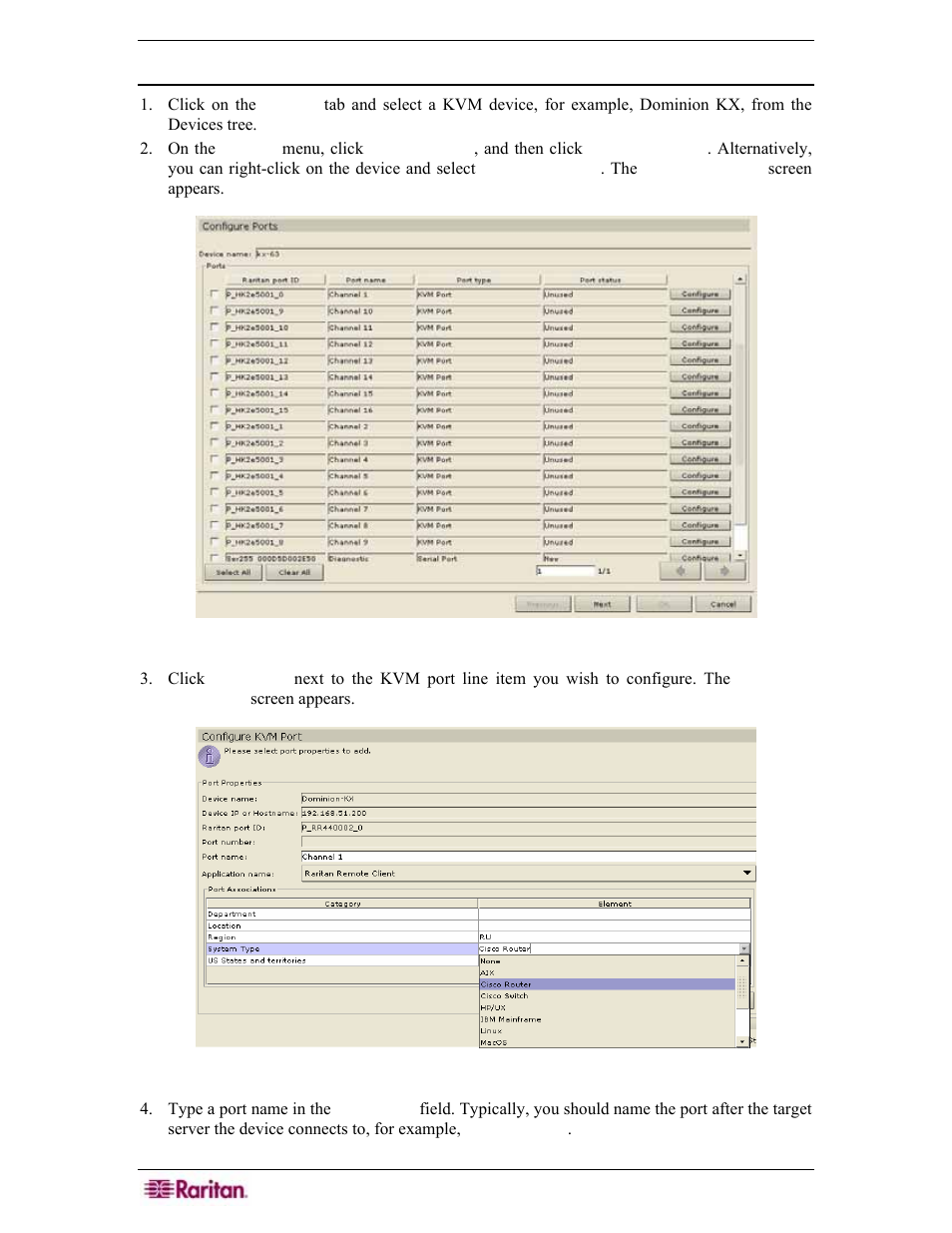 Kvm port, Figure 25 configure ports, Figure 26 configure kvm port | Raritan Engineering Command Center CC-SG User Manual | Page 42 / 270
