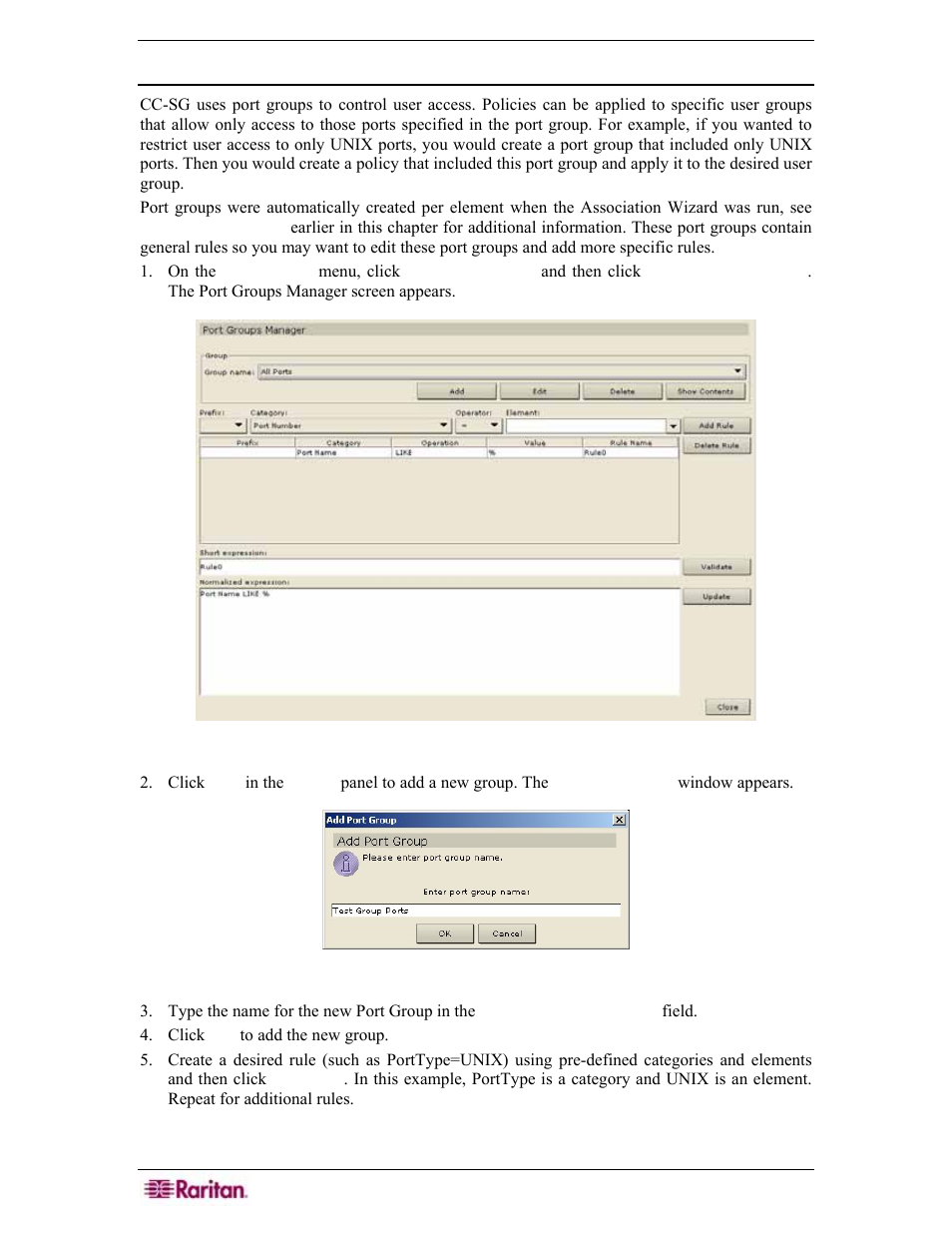Create/edit port groups, Figure 29 port groups manager screen, Figure 30 add port group window | Raritan Engineering Command Center CC-SG User Manual | Page 46 / 270