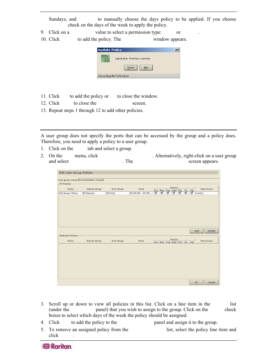 Apply policies to user groups, Figure 32 update policy window, Figure 33 edit user group policies screen | Raritan Engineering Command Center CC-SG User Manual | Page 48 / 270