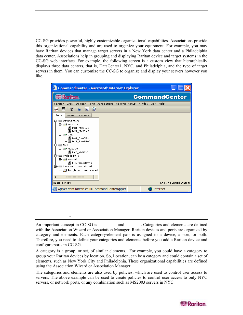 Chapter 4: creating associations, Associations, Associations­defining categories and elements | Associations-defining categories and elements, Figure 35 cc-sg organization example | Raritan Engineering Command Center CC-SG User Manual | Page 51 / 270