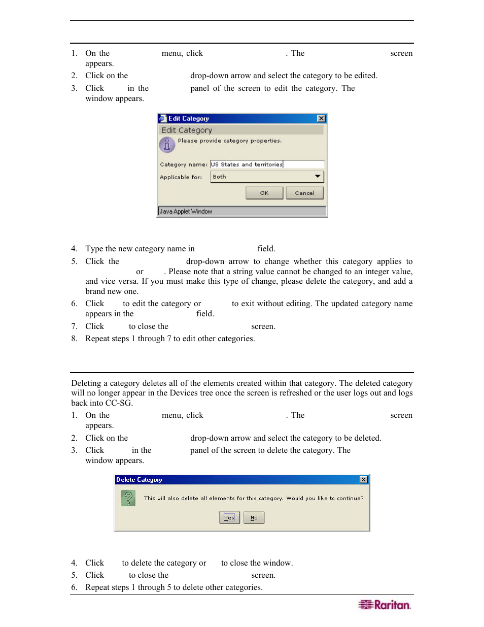 Edit category, Delete category, Figure 38 edit category window | Figure 39 delete category window | Raritan Engineering Command Center CC-SG User Manual | Page 55 / 270