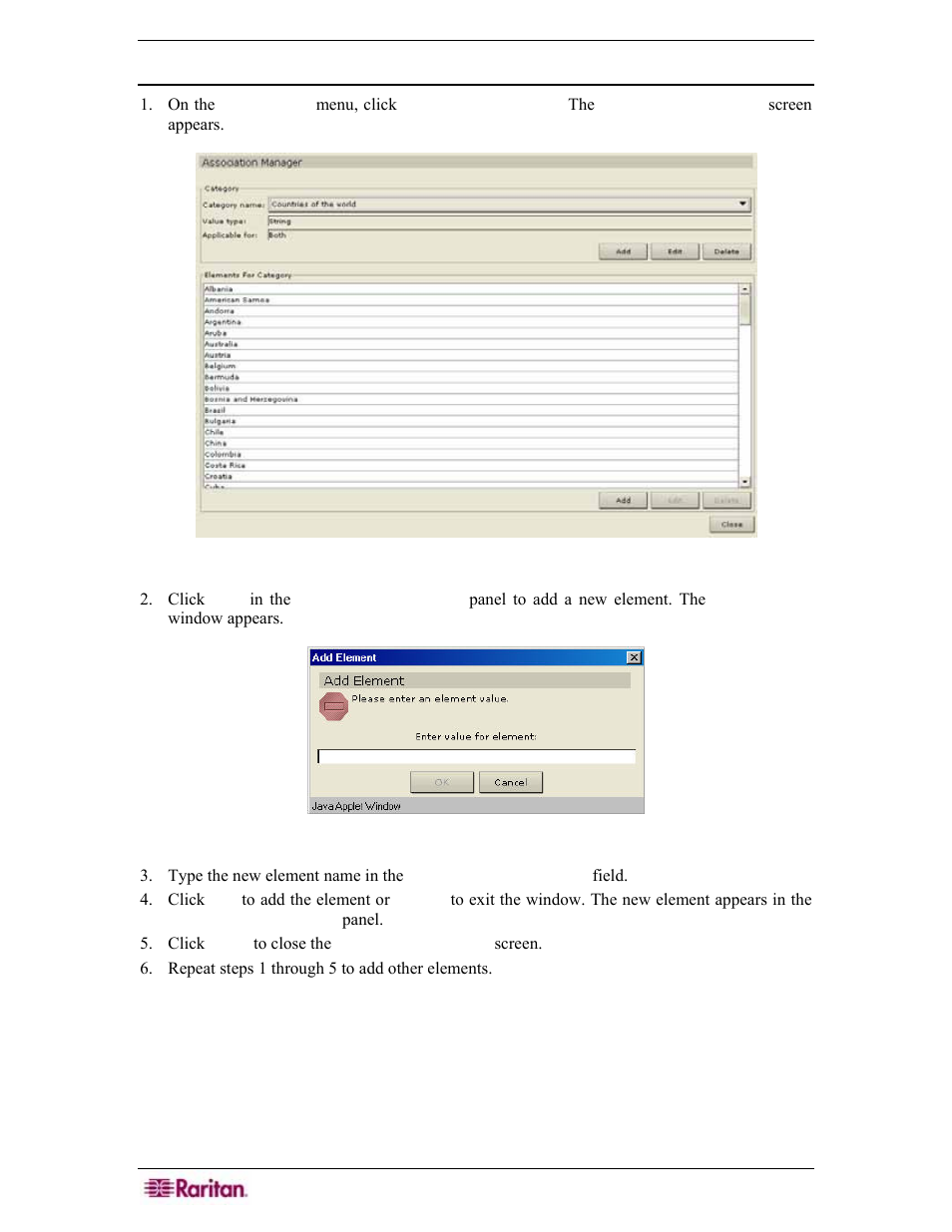 Add element, Figure 40 association manager screen, Figure 41 add element window | Raritan Engineering Command Center CC-SG User Manual | Page 56 / 270