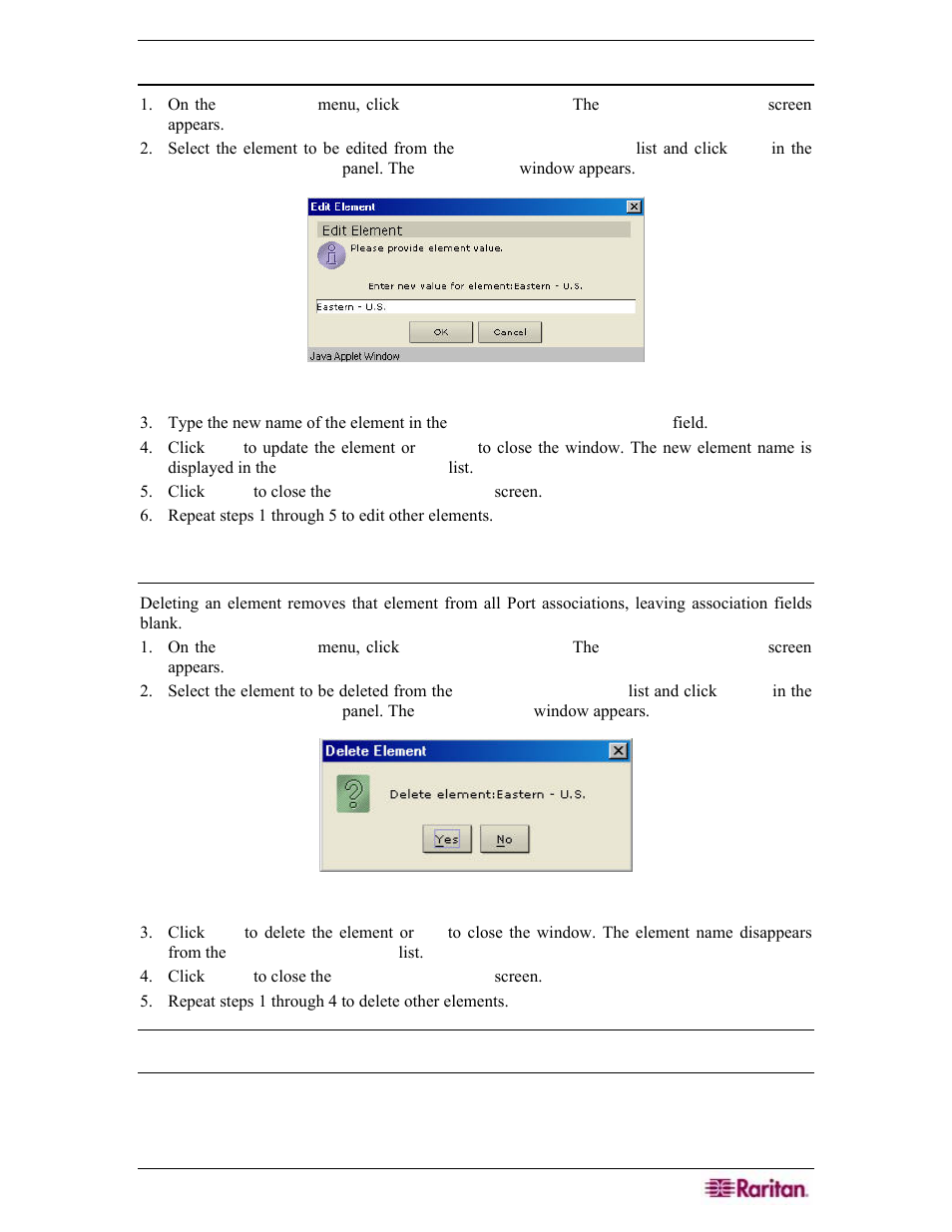 Edit element, Delete element, Figure 42 edit element window | Figure 43 delete element window | Raritan Engineering Command Center CC-SG User Manual | Page 57 / 270