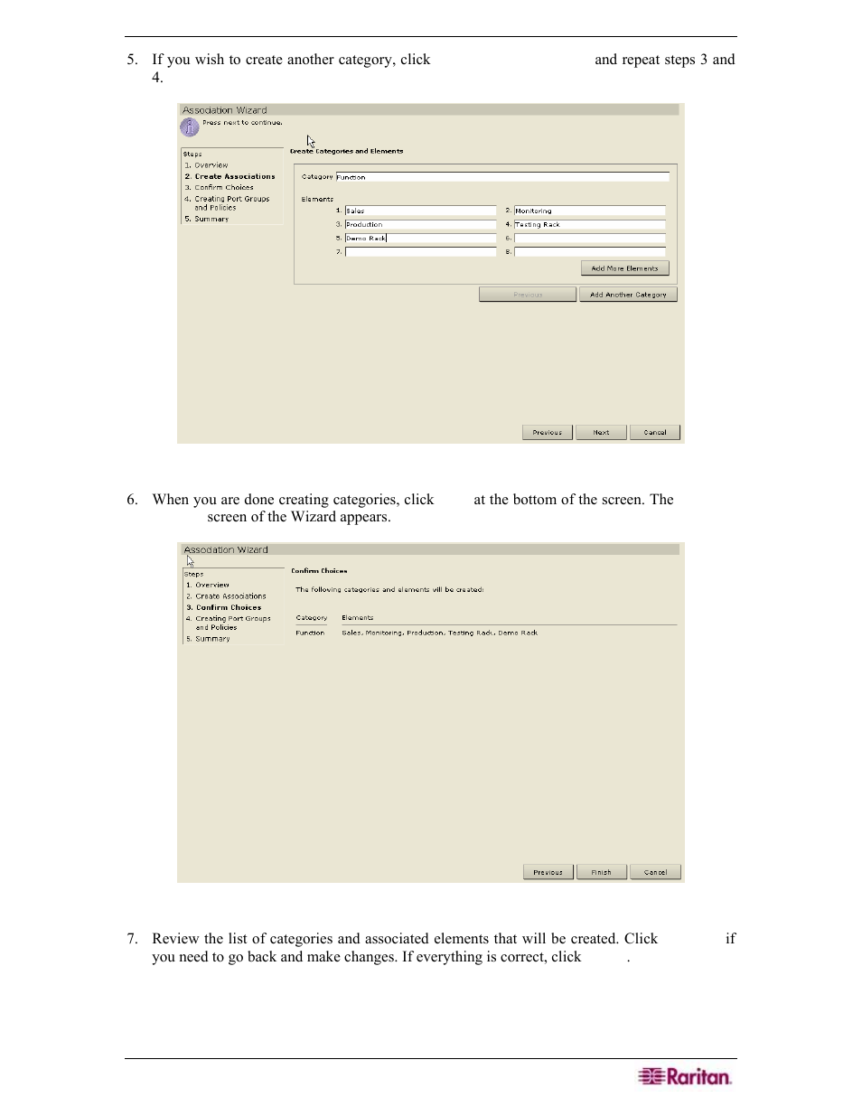 Figure 46 adding another category, Figure 47 association wizard - confirm choices | Raritan Engineering Command Center CC-SG User Manual | Page 59 / 270