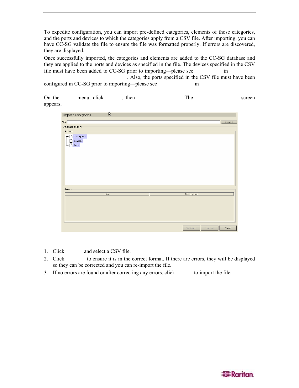 Import categories, devices, ports from csv file, Figure 49 import categories screen | Raritan Engineering Command Center CC-SG User Manual | Page 61 / 270