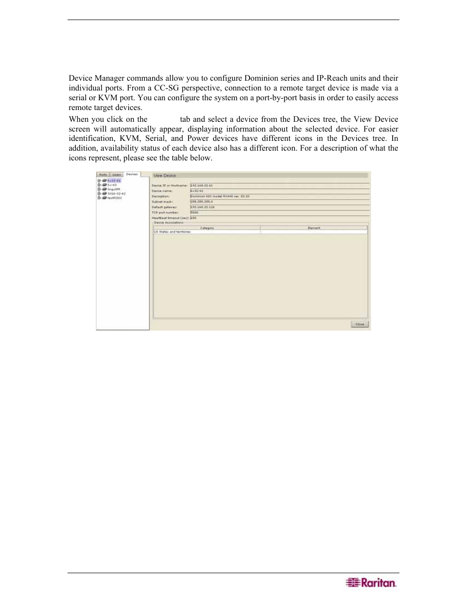 Chapter 5: adding devices and device groups, Device manager, Figure 51 the devices tab and view devices screen | In chapter 5: adding devices and device groups, Chapter 5, Adding devices and device groups | Raritan Engineering Command Center CC-SG User Manual | Page 65 / 270