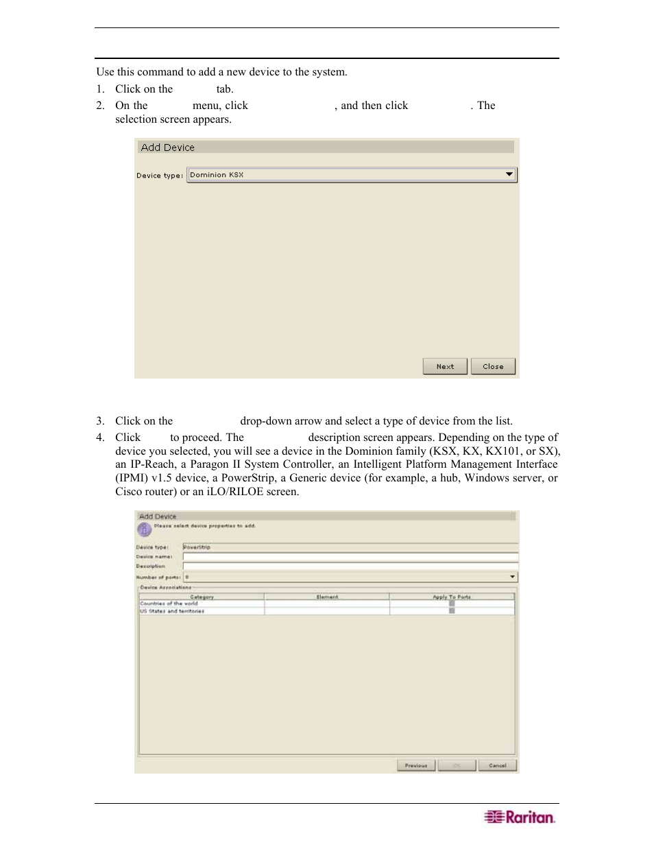 Add device, Figure 52 add device selection screen, Figure 53 add device screen for powerstrip | Add device in, Section add device, Ee add device | Raritan Engineering Command Center CC-SG User Manual | Page 67 / 270