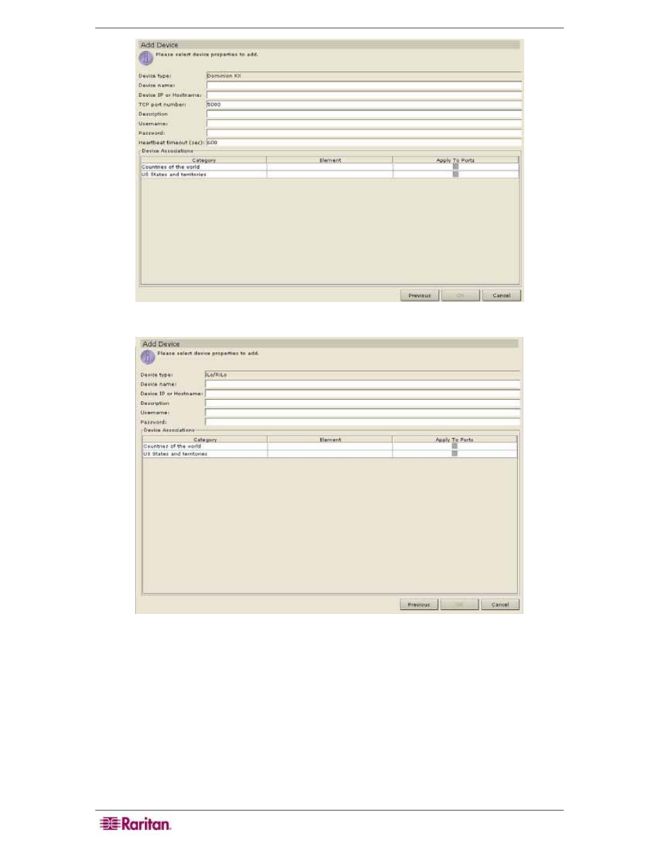 Figure 54 add device screen for raritan devices, Figure 55 add device screen for ilo, riloe | Raritan Engineering Command Center CC-SG User Manual | Page 68 / 270