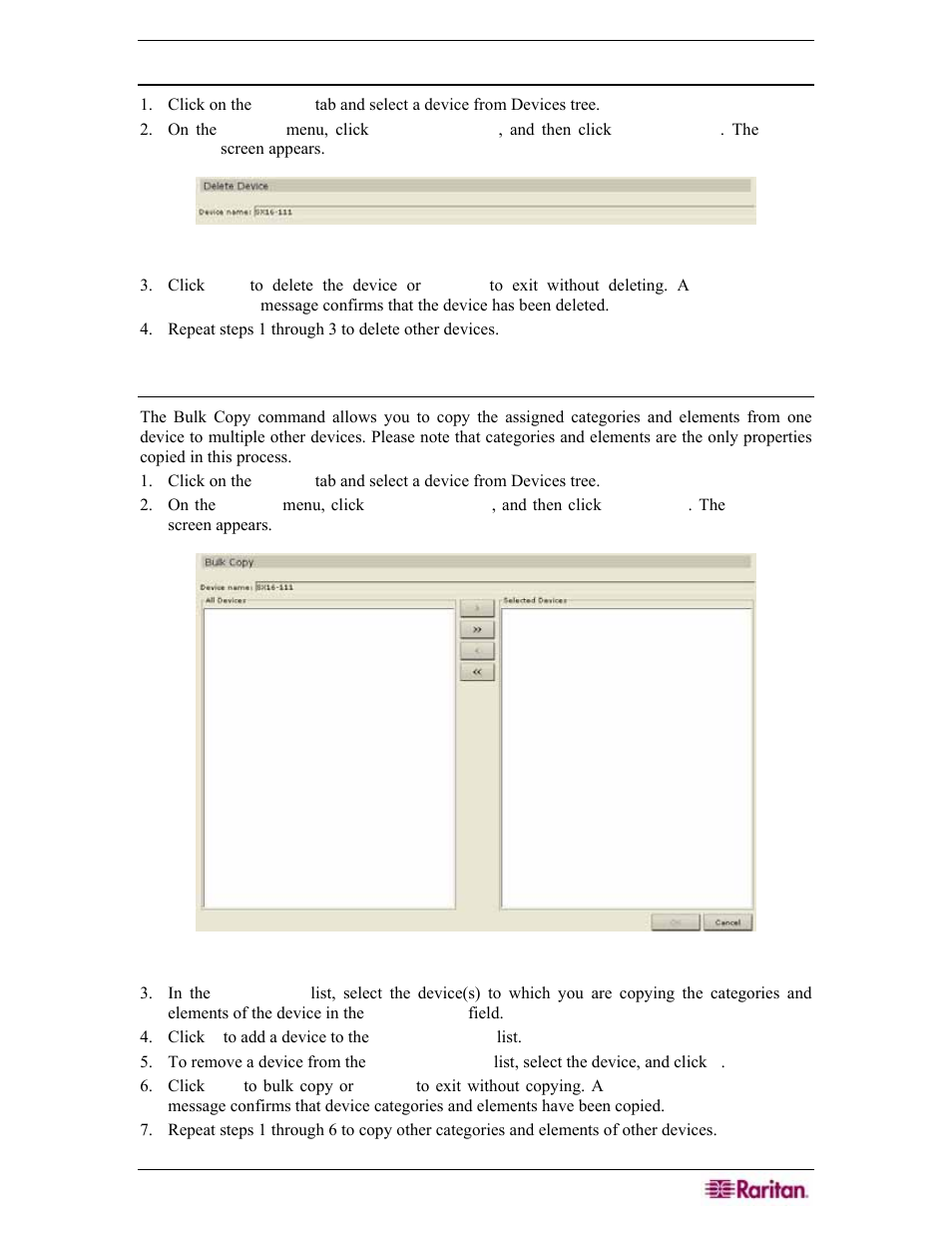 Delete device, Bulk copy, Figure 59 delete device screen | Figure 60 bulk copy screen | Raritan Engineering Command Center CC-SG User Manual | Page 71 / 270