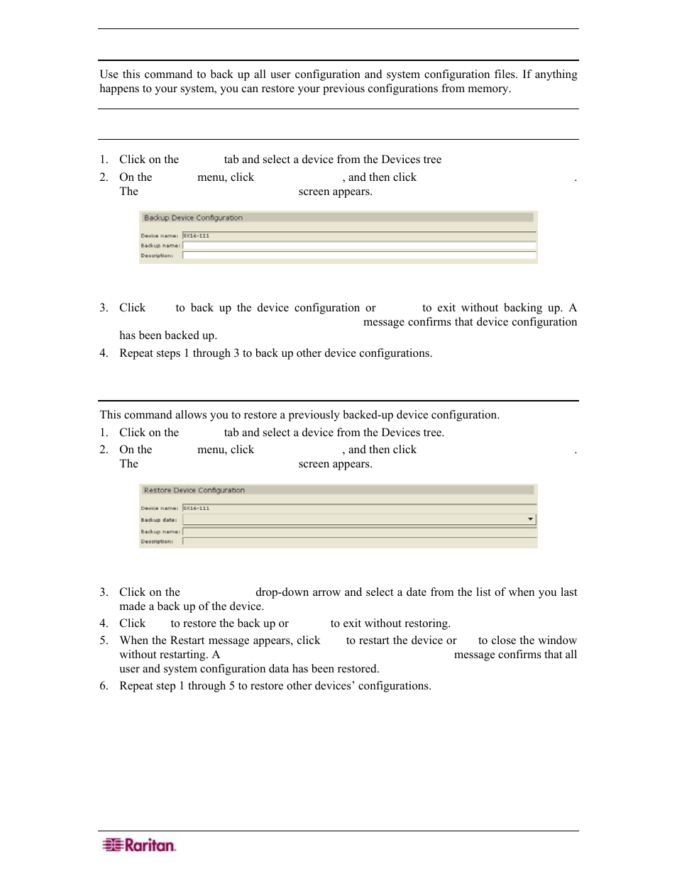 Backup device configuration, Restore device configuration, Figure 61 backup device configuration screen | Figure 62 restore device configuration screen | Raritan Engineering Command Center CC-SG User Manual | Page 72 / 270