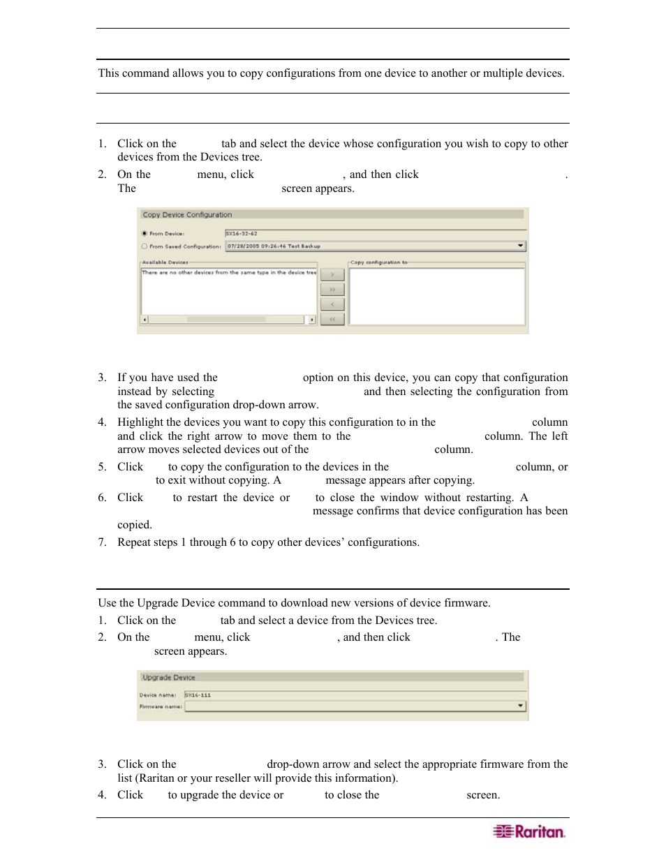 Copy device configuration, Upgrade device, Figure 63 copy device configuration screen | Figure 64 upgrade device screen | Raritan Engineering Command Center CC-SG User Manual | Page 73 / 270