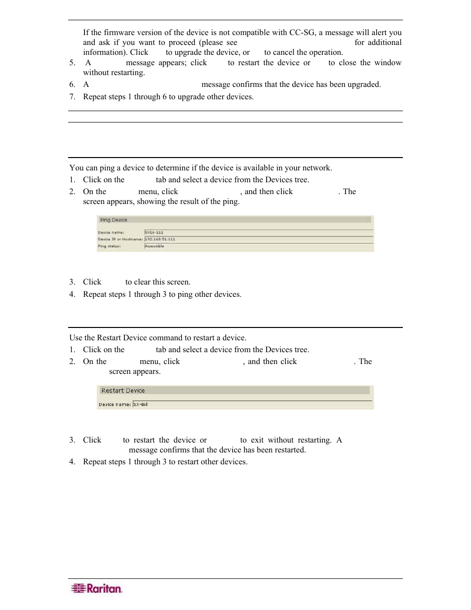 Ping device, Restart device, Figure 65 ping device screen | Figure 66 restart device screen | Raritan Engineering Command Center CC-SG User Manual | Page 74 / 270