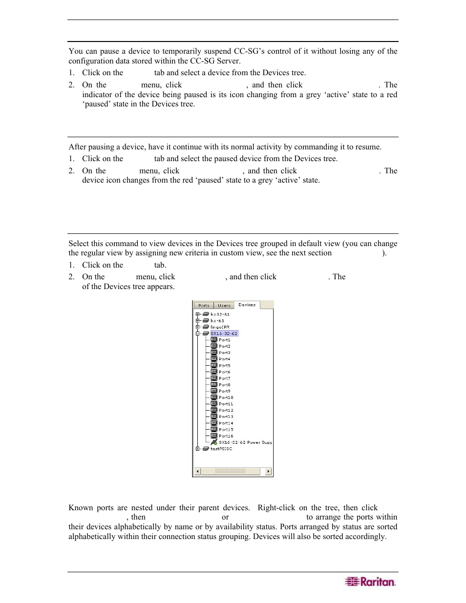 Pause device, Resume device, View devices | Regular view, Figure 67 devices tree regular view screen | Raritan Engineering Command Center CC-SG User Manual | Page 75 / 270