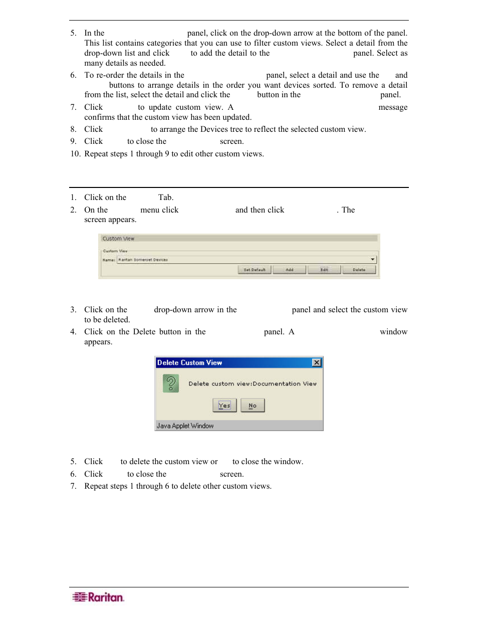 Delete custom view, Figure 71 custom view screen, Figure 72 delete custom view window | Raritan Engineering Command Center CC-SG User Manual | Page 78 / 270