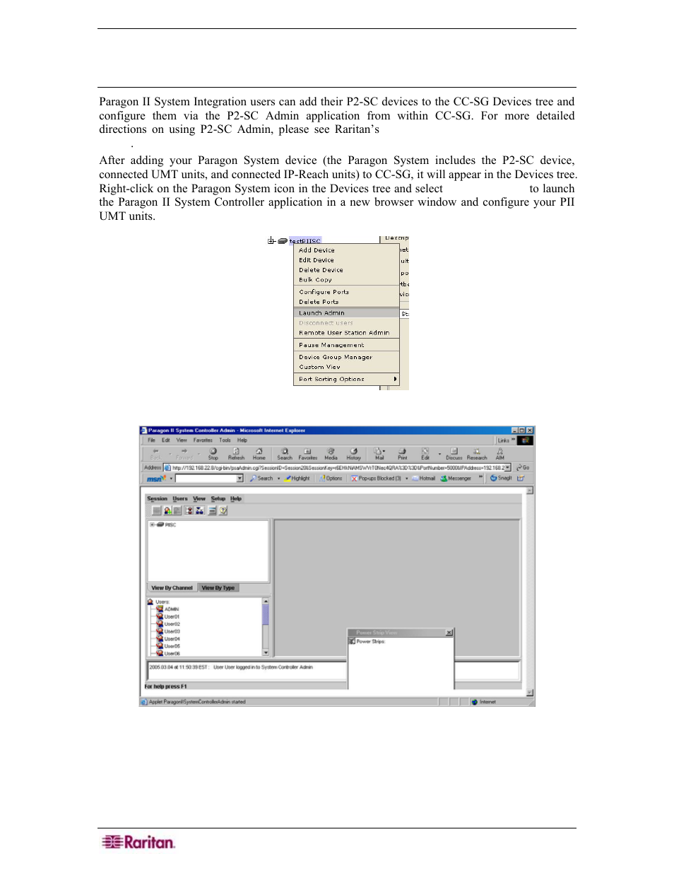 Special access to paragon ii system devices, Paragon ii system controller (p2-sc), Figure 74 paragon system launch admin menu option | Figure 75 paragon manager application window | Raritan Engineering Command Center CC-SG User Manual | Page 80 / 270