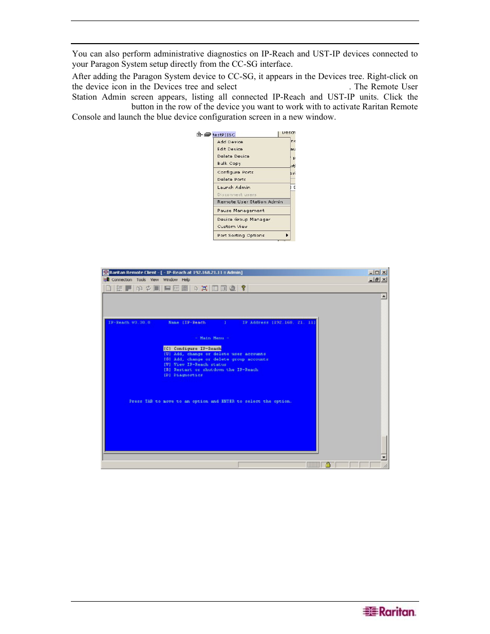 Ip-reach and ust-ip administration, Figure 76 remote user station admin option, Figure 77 ip-reach administration screen | Raritan Engineering Command Center CC-SG User Manual | Page 81 / 270