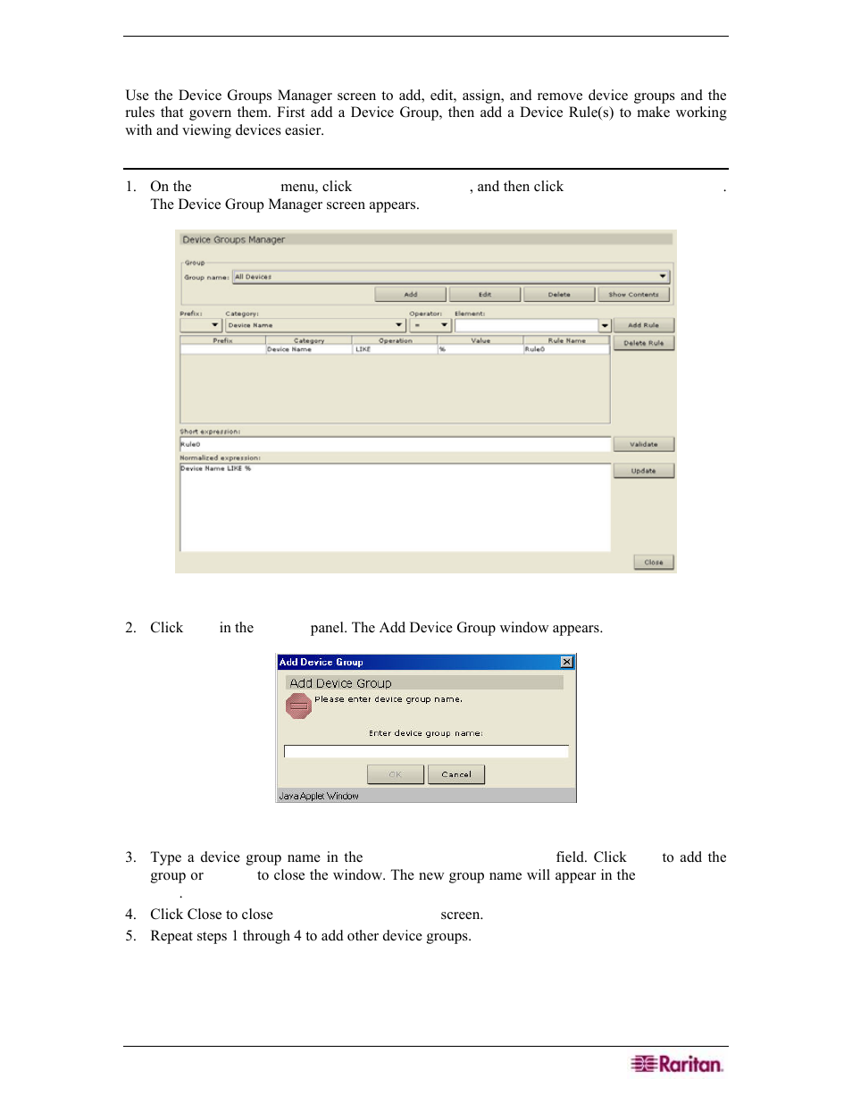 Device group manager, Add device group, Figure 82 device groups manager screen | Figure 83 add device group window | Raritan Engineering Command Center CC-SG User Manual | Page 85 / 270