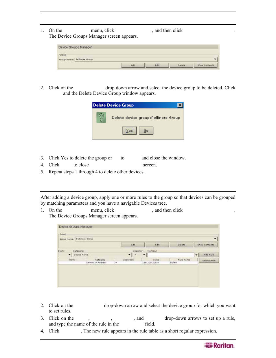 Delete device group, Add device rule, Figure 86 device groups manager screen | Figure 87 delete device group window, Figure 88 device groups manager screen | Raritan Engineering Command Center CC-SG User Manual | Page 87 / 270