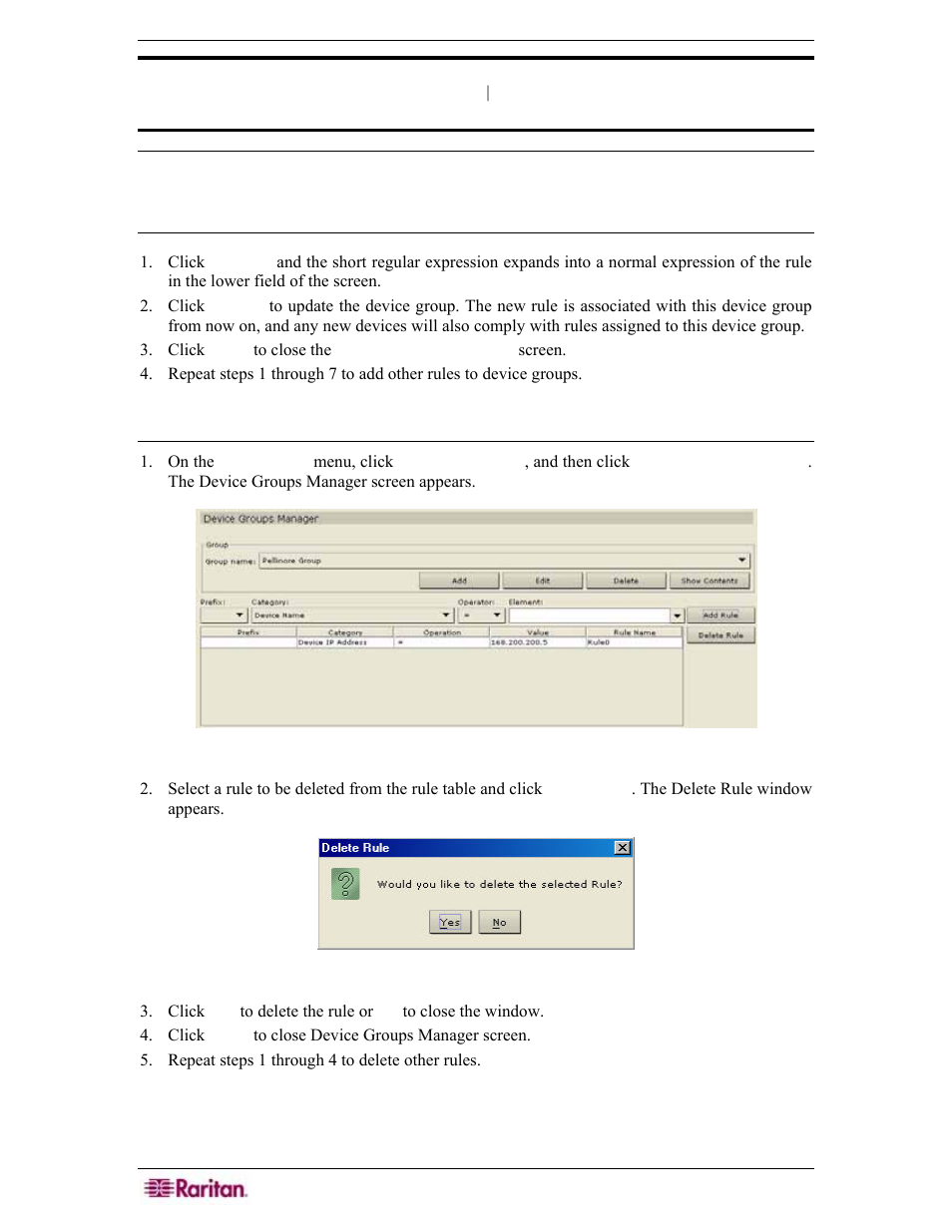 Delete device rule, Figure 89 device groups manager screen, Figure 90 delete rule window | Raritan Engineering Command Center CC-SG User Manual | Page 88 / 270