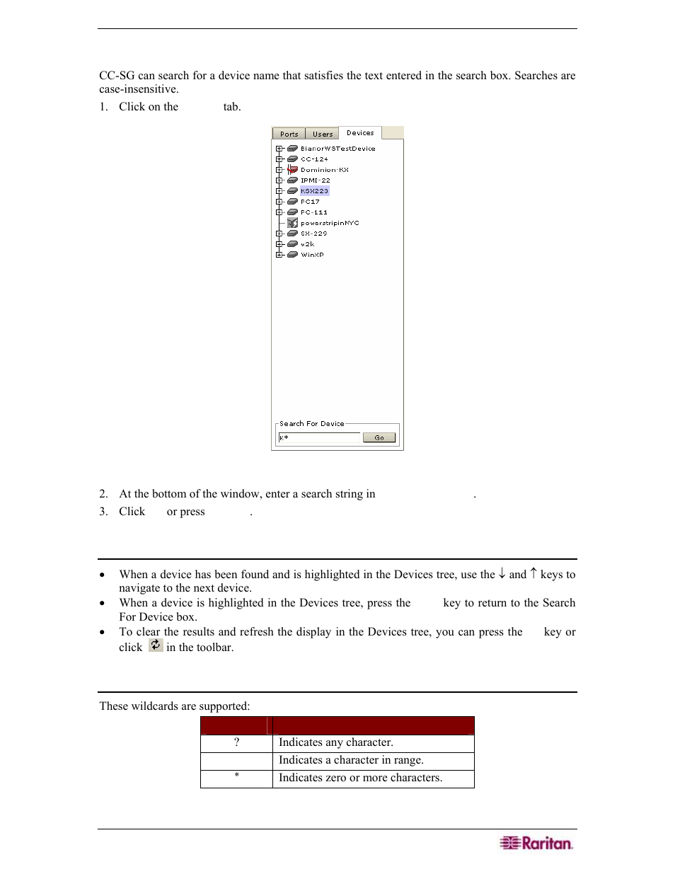 Search for devices, Navigation tips, Supported wildcards | Figure 91 search for devices | Raritan Engineering Command Center CC-SG User Manual | Page 89 / 270