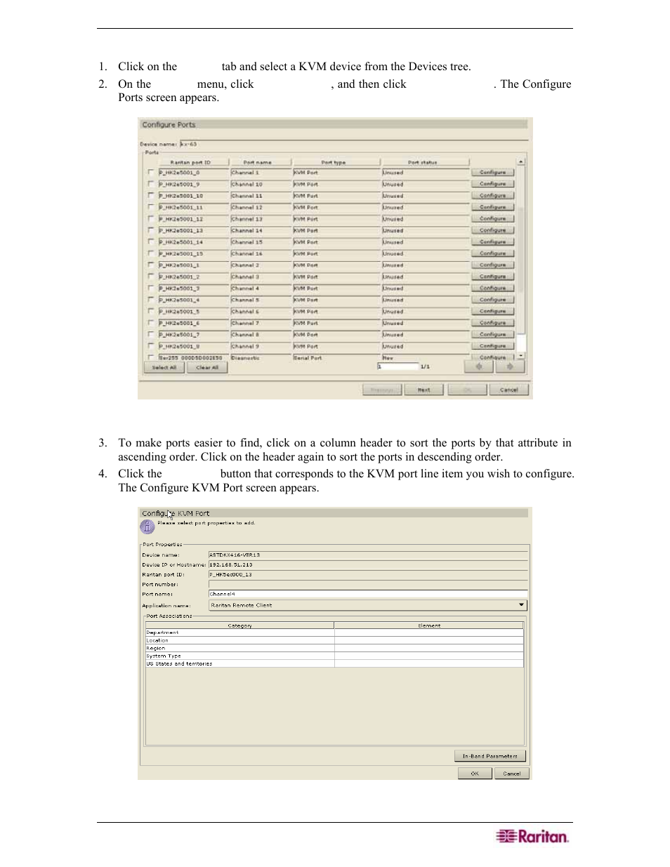 Configure a kvm port, Figure 98 configure ports screen, Figure 99 configure kvm port screen | Raritan Engineering Command Center CC-SG User Manual | Page 97 / 270