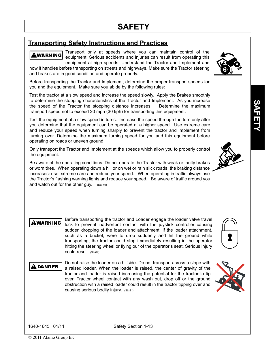 Transporting safety instructions and practices, Transporting safety instructions and practices -13, Safety | Rhinotek 1645 User Manual | Page 17 / 102