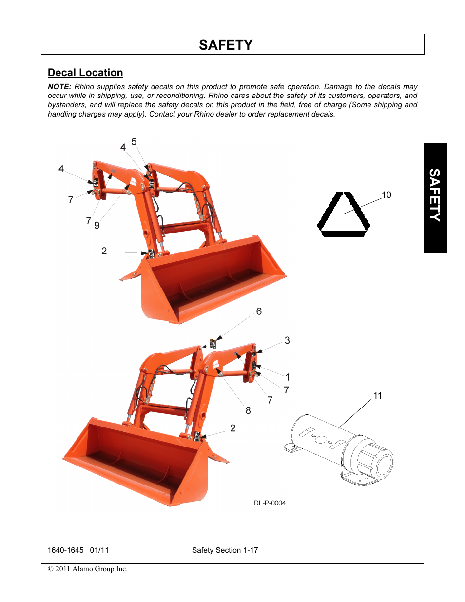 Decal location, Decal location -17, Safety | Rhinotek 1645 User Manual | Page 21 / 102