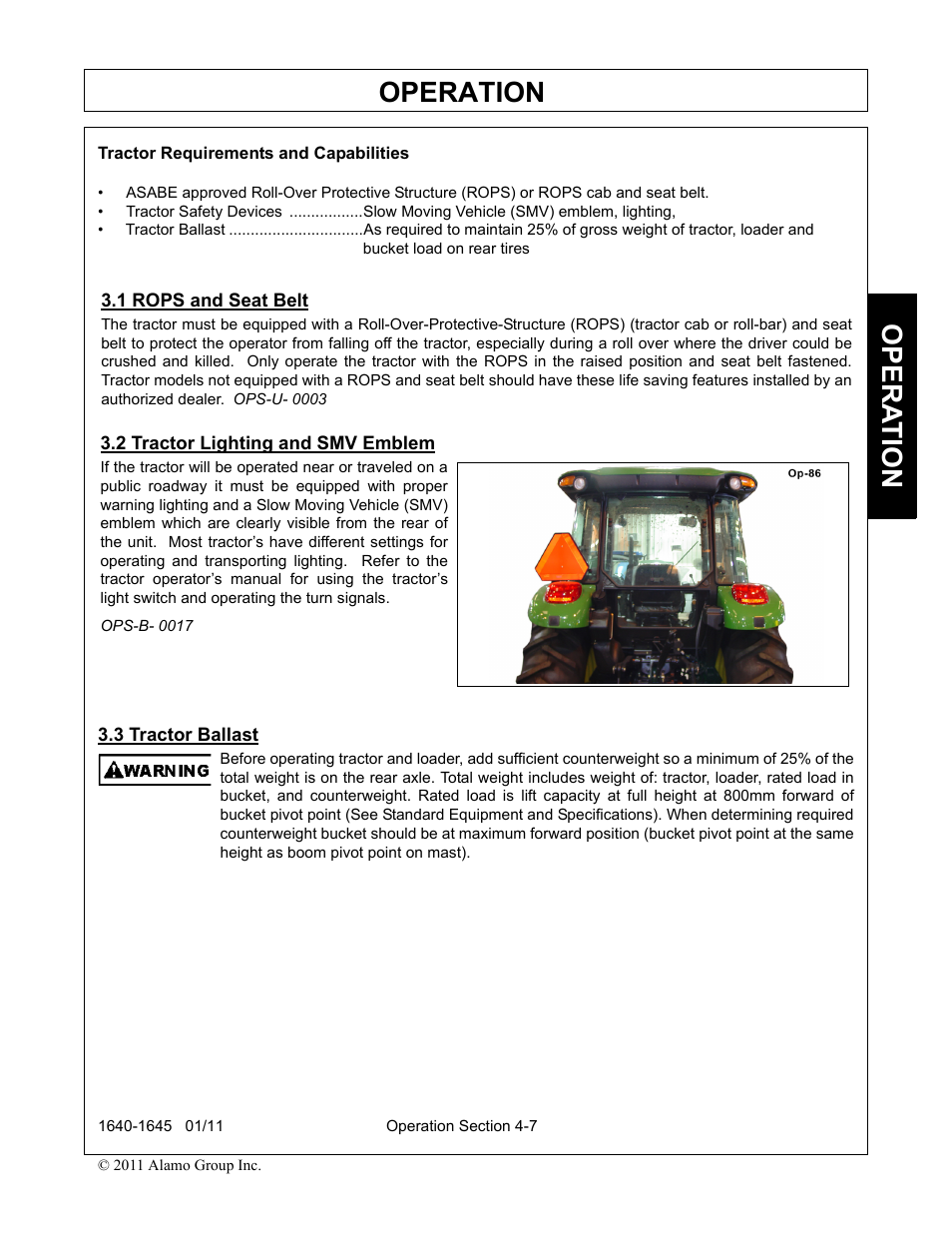 Tractor requirements and capabilities, 1 rops and seat belt, 2 tractor lighting and smv emblem | 3 tractor ballast, Operation, Opera t ion | Rhinotek 1645 User Manual | Page 51 / 102