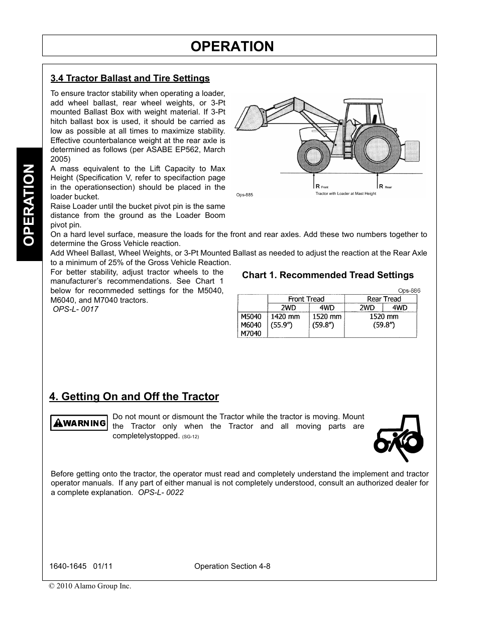 4 tractor ballast and tire settings, Getting on and off the tractor, Operation | Opera t ion | Rhinotek 1645 User Manual | Page 52 / 102