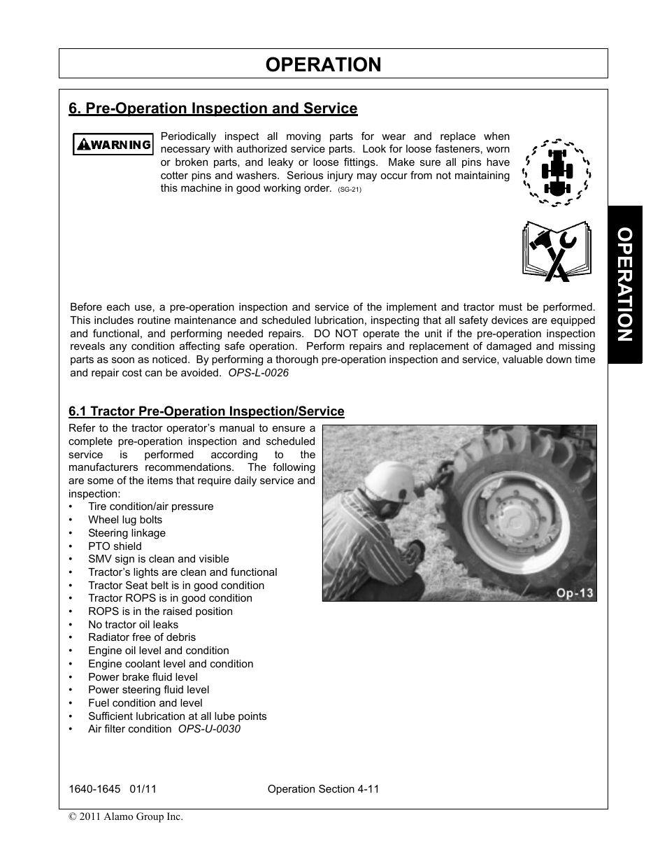 Pre-operation inspection and service, 1 tractor pre-operation inspection/service, Operation | Opera t ion | Rhinotek 1645 User Manual | Page 55 / 102