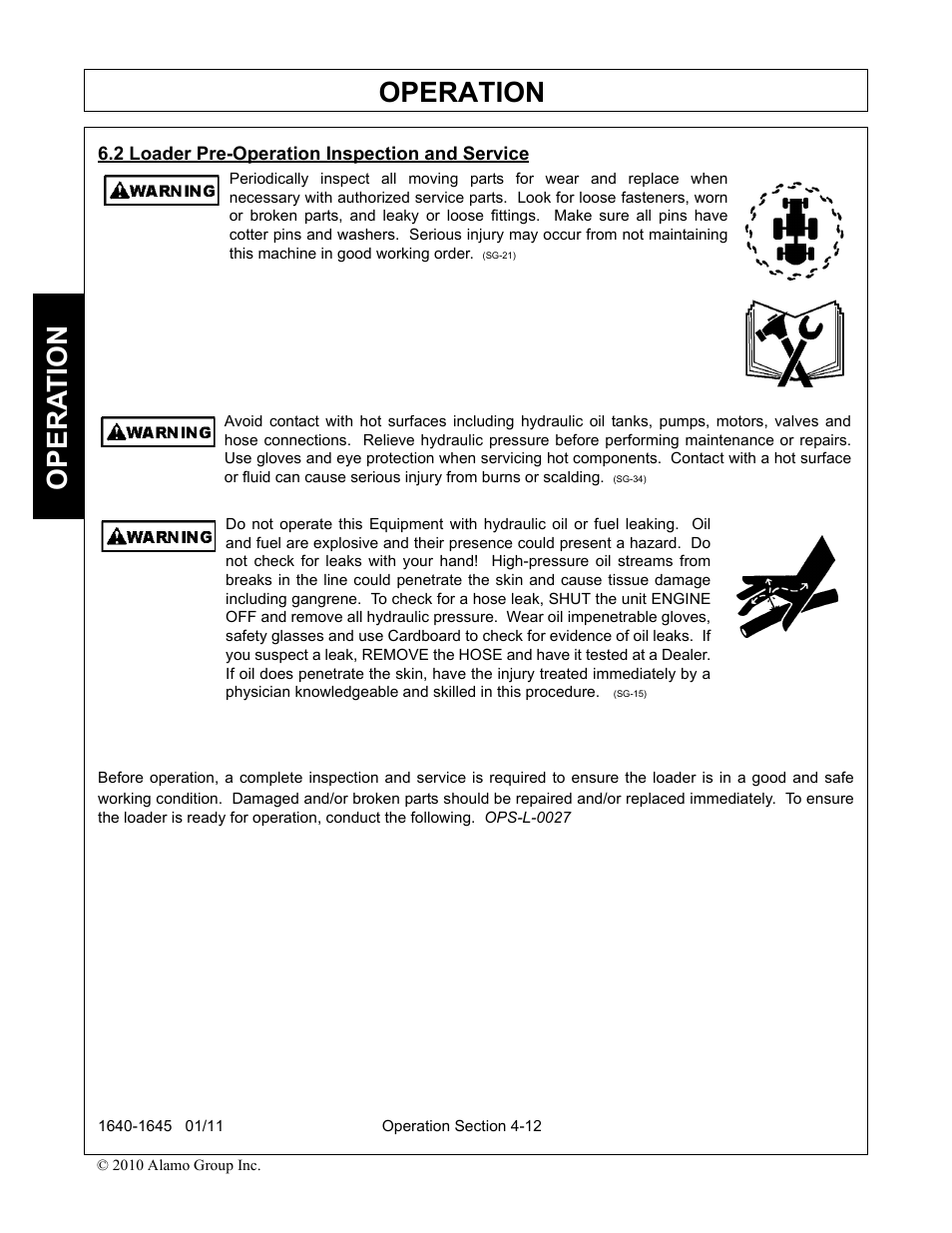 2 loader pre-operation inspection and service, Loader pre-operation inspection and service -12, Operation | Opera t ion | Rhinotek 1645 User Manual | Page 56 / 102