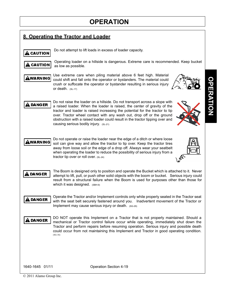 Operating the tractor and loader, Operating the tractor and loader -19, Operation | Opera t ion | Rhinotek 1645 User Manual | Page 63 / 102
