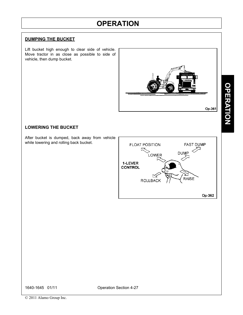 Dumping the bucket, Lowering the bucket, Operation | Opera t ion | Rhinotek 1645 User Manual | Page 71 / 102