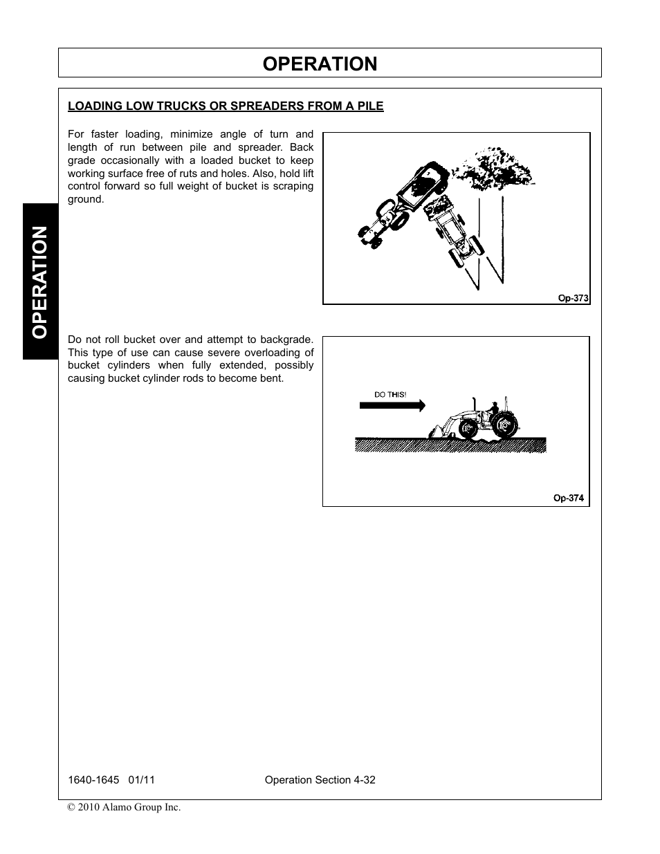 Loading low trucks or spreaders from a pile, Operation, Opera t ion | Rhinotek 1645 User Manual | Page 76 / 102