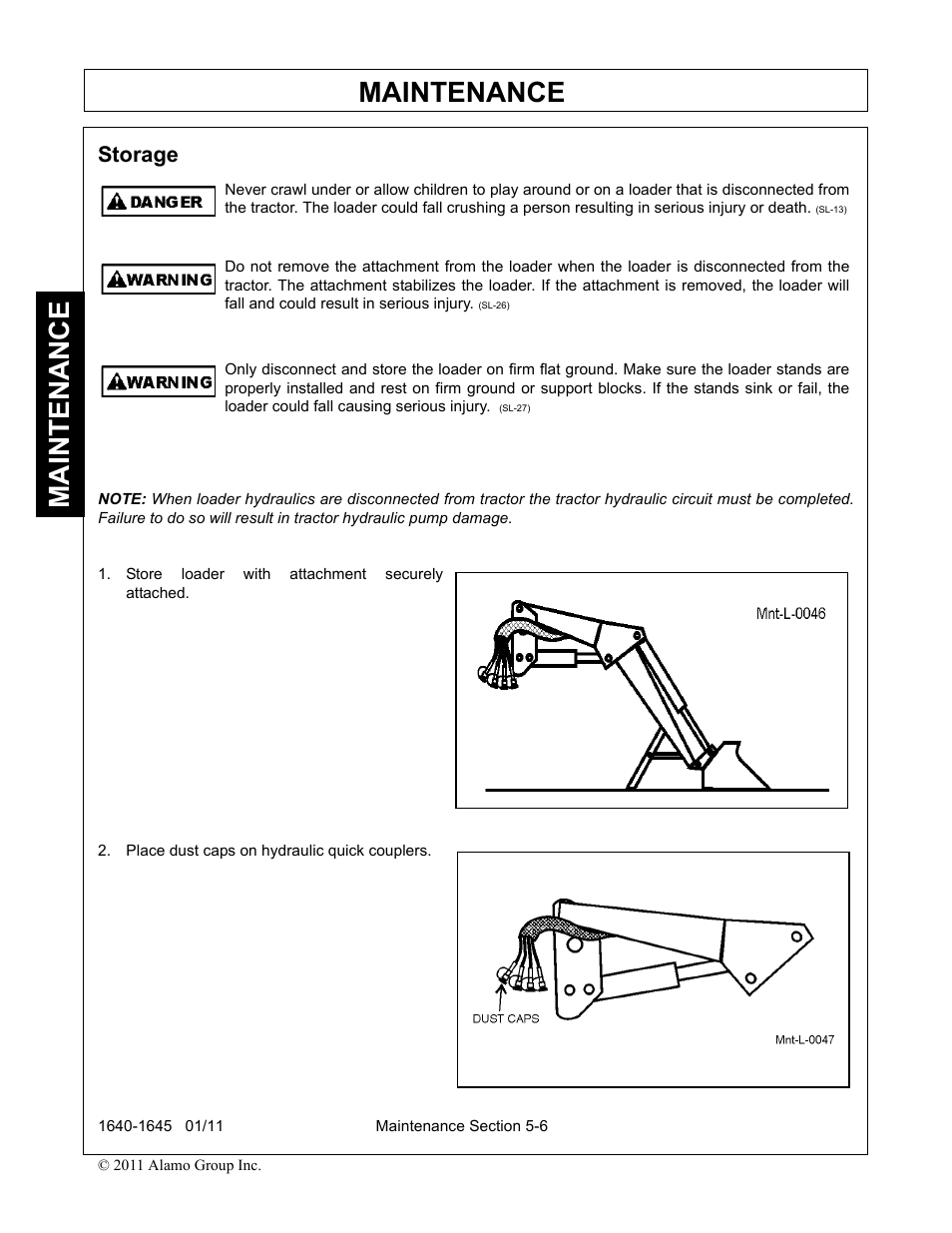 Storage, Store loader with attachment securely attached, Place dust caps on hydraulic quick couplers | Storage -6, Maintenance | Rhinotek 1645 User Manual | Page 94 / 102