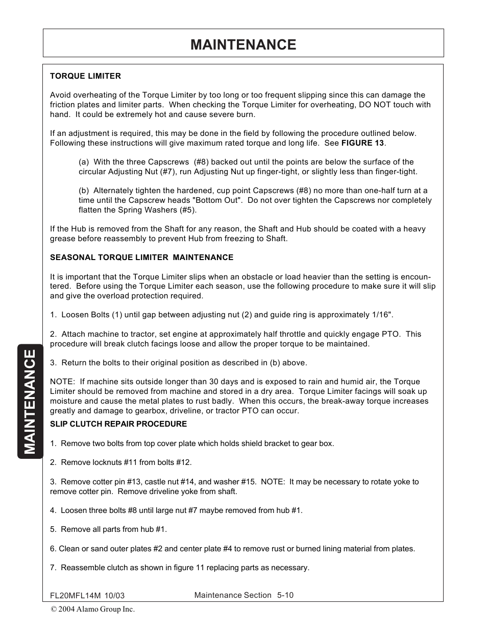 Torque limiter -10, Maintenance | Rhinotek RHINO FL20 User Manual | Page 140 / 152