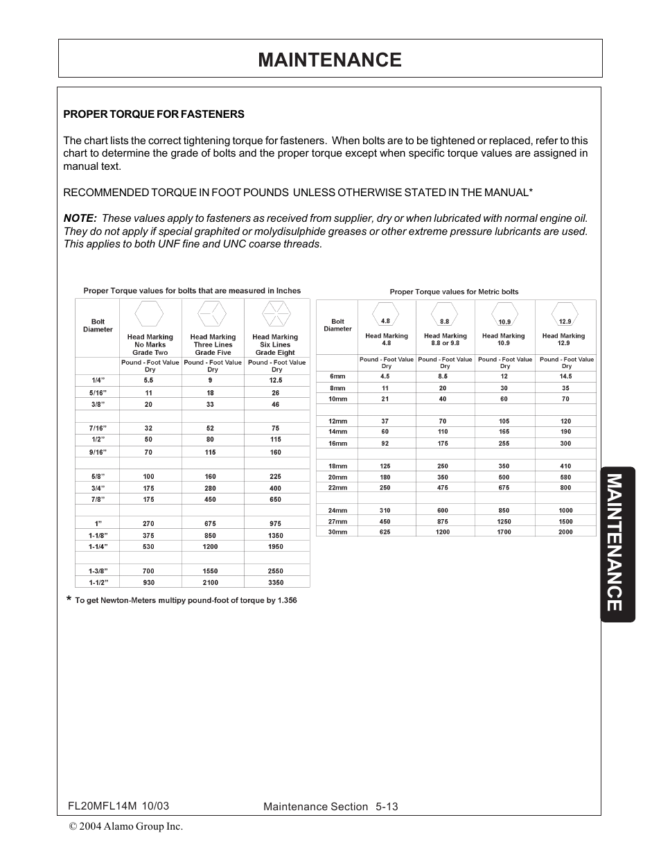 Torque chart -13, Maintenance | Rhinotek RHINO FL20 User Manual | Page 143 / 152
